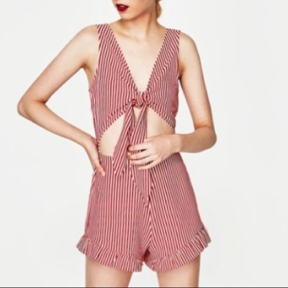 red front tie romper